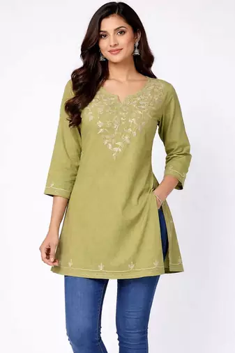 Olive embroidered cotton short kurti 