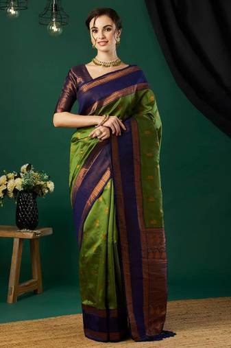 Green silk blend woven saree