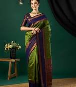 Green silk blend woven saree