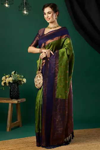 Green silk blend woven saree