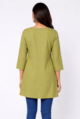 Olive embroidered cotton short kurti  2