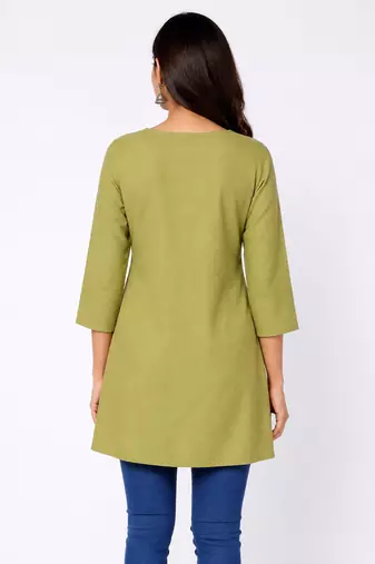Olive embroidered cotton short kurti 