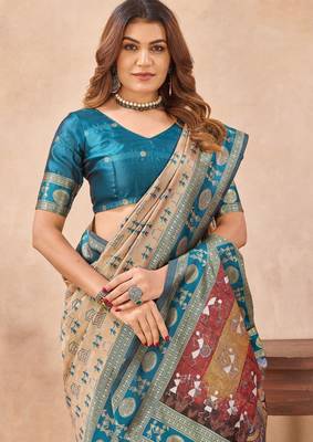 Beige silk blend banarasi saree with unstitched blouse piece 6