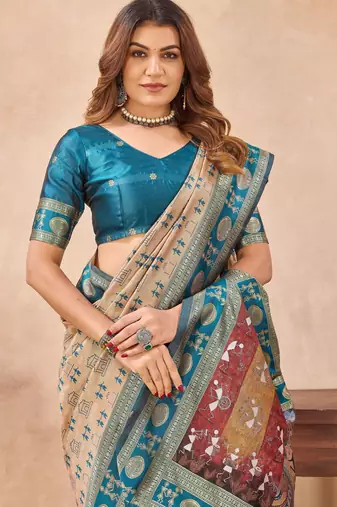 Beige silk blend banarasi saree with unstitched blouse piece