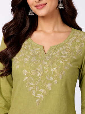 Olive embroidered cotton short kurti  3