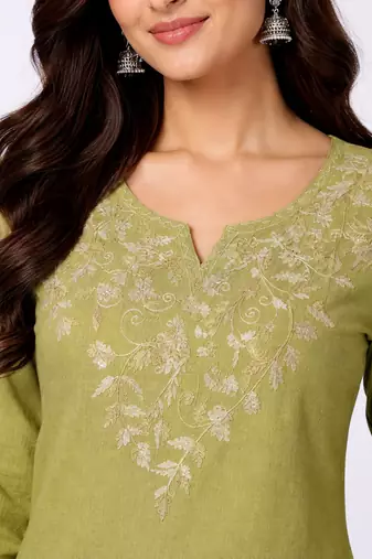 Olive embroidered cotton short kurti 