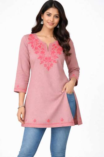 Onion pink embroidered cotton short kurti 