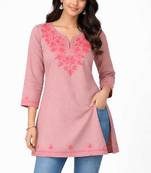 Onion pink embroidered cotton short kurti 