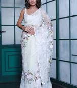 Off white organza embroidered saree