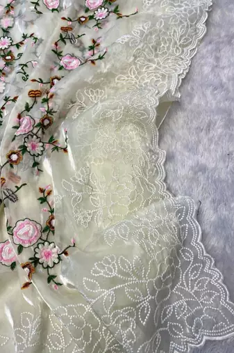 Off white organza embroidered saree