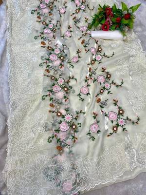 Off white organza embroidered saree 3