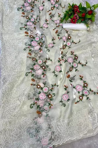 Off white organza embroidered saree