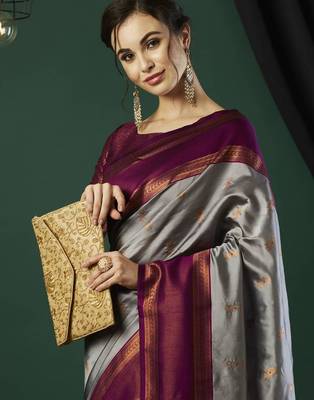 Grey silk blend woven saree 1