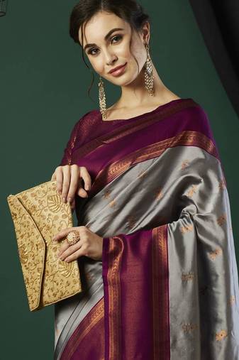 Grey silk blend woven saree