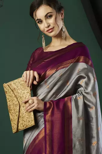 Grey silk blend woven saree