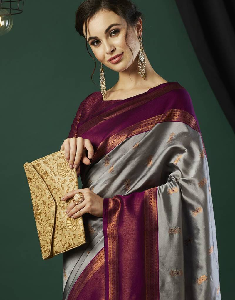 Grey silk blend woven saree