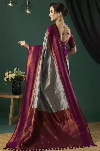 Grey silk blend woven saree