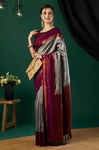 Grey silk blend woven saree