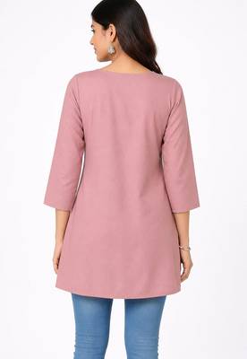 Onion pink embroidered cotton short kurti  2