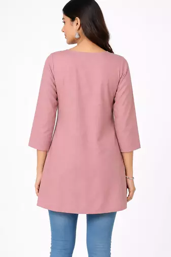 Onion pink embroidered cotton short kurti 