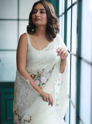 Off white organza embroidered saree 5