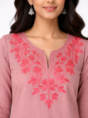 Onion pink embroidered cotton short kurti  3