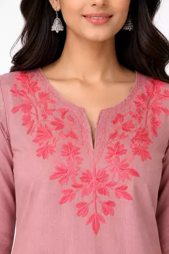 Onion pink embroidered cotton short kurti 