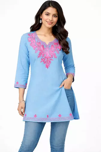 Grey pink embroidered cotton short kurti 
