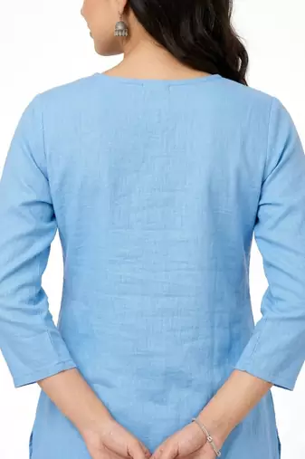 Grey pink embroidered cotton short kurti 