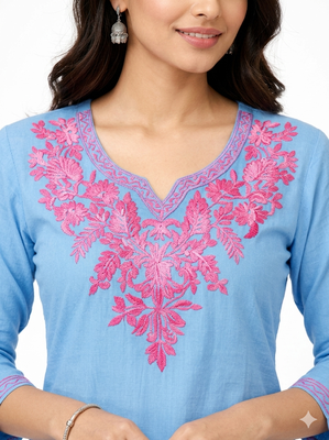 Grey pink embroidered cotton short kurti  3