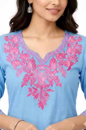 Grey pink embroidered cotton short kurti 