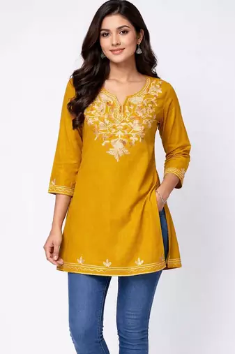Mustard embroidered cotton short kurti 