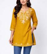 Mustard embroidered cotton short kurti 