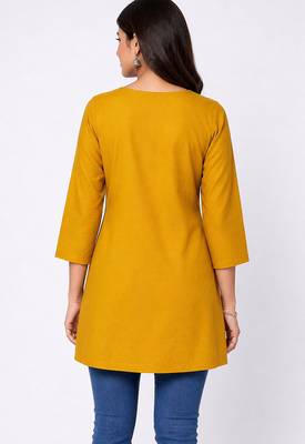 Mustard embroidered cotton short kurti  2