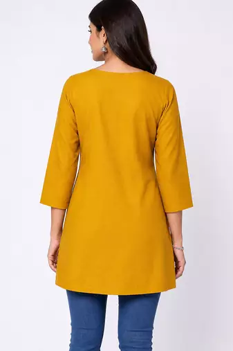 Mustard embroidered cotton short kurti 