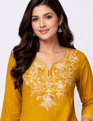 Mustard embroidered cotton short kurti  3