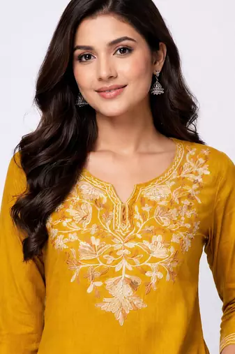 Mustard embroidered cotton short kurti 