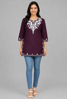 Wine embroidered cotton short kurti  1