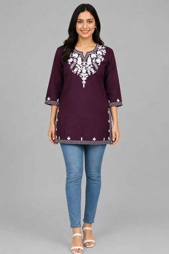Wine embroidered cotton short kurti 