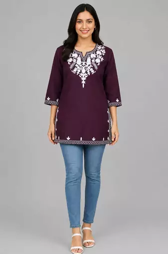 Wine embroidered cotton short kurti 