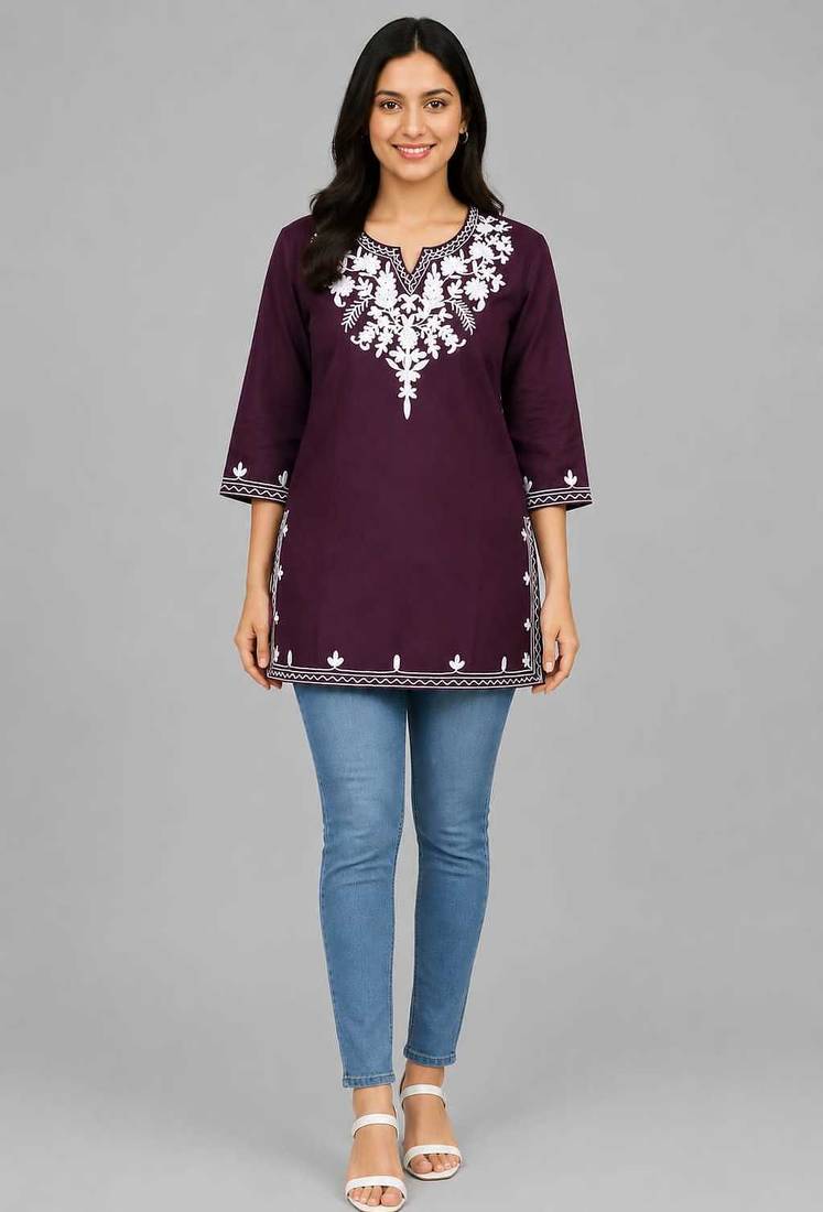 Wine embroidered cotton short kurti 