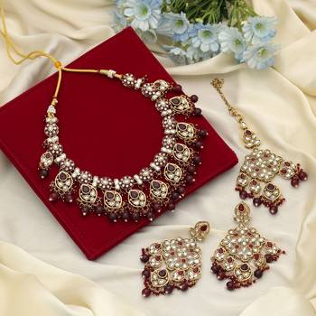 Maroon color meena work kundan necklace set 1