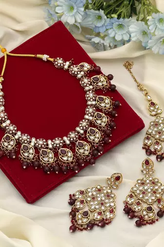 Maroon color meena work kundan necklace set