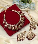 Maroon color meena work kundan necklace set