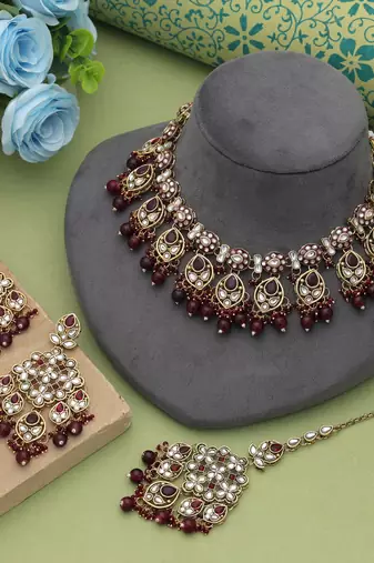Maroon color meena work kundan necklace set