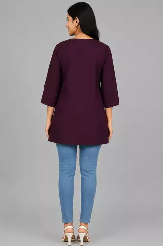 Wine embroidered cotton short kurti 