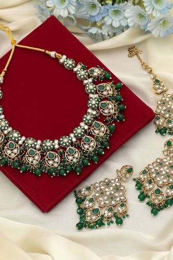 Green color meena work kundan necklace set