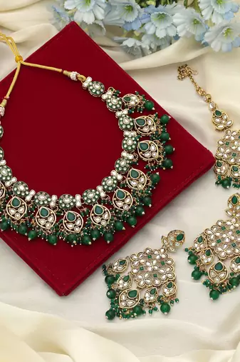 Green color meena work kundan necklace set