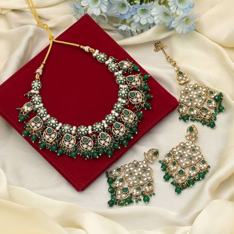 Green color meena work kundan necklace set