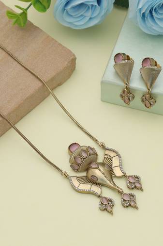 Light pink color lord ganesha american diamond necklace set